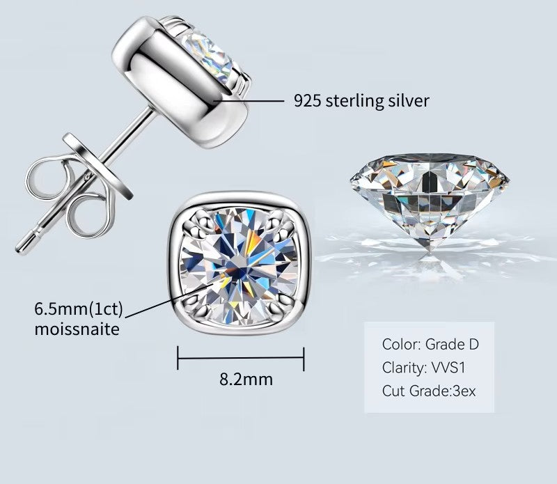 Sterling Silver  Square Moissanite 1.0 Ct. colour D Stone Ear Stud
