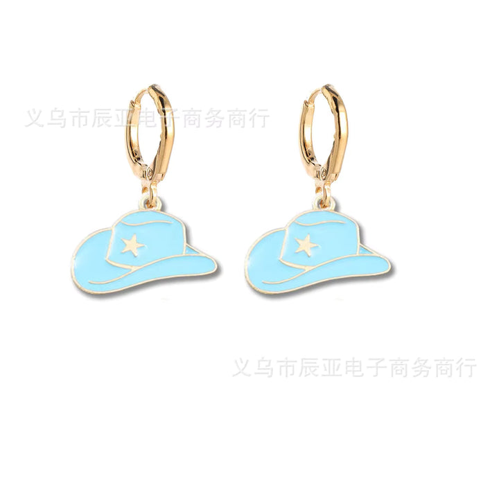 Stainless Steel Gold  Cowgirl Hat Drop Hoop Earrings