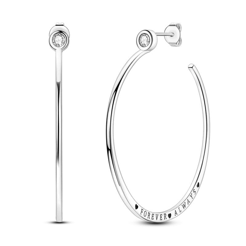 Sterling Silver Large CZ Forever Always Hoop Earrings.