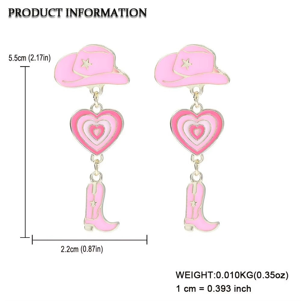 Cowgirl Boot Hat 'n' Heart Drop Earring Studs