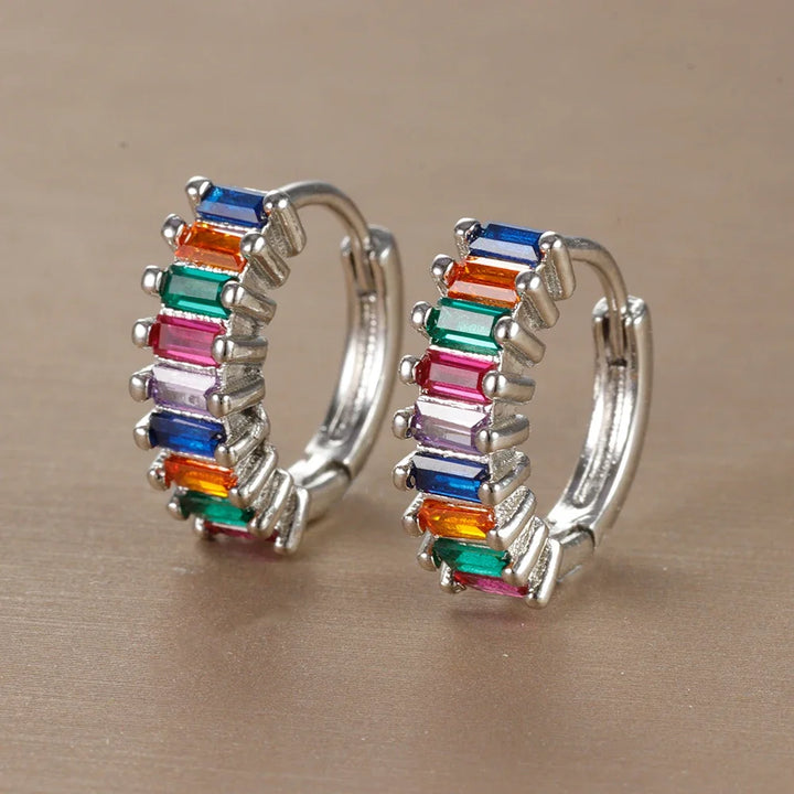 Lilac , Black and Rainbow CZ Chaser Stone Clicker Hoop Earrings