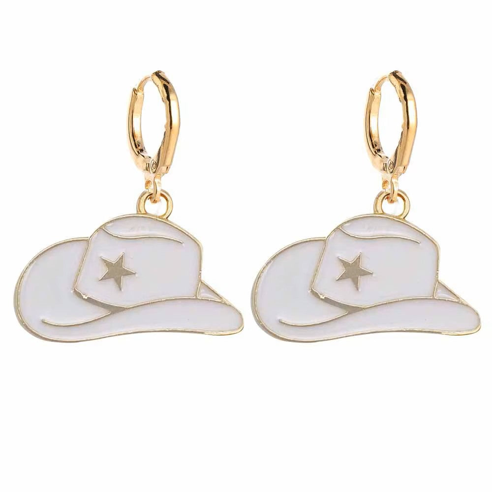 Stainless Steel Gold  Cowgirl Hat Drop Hoop Earrings