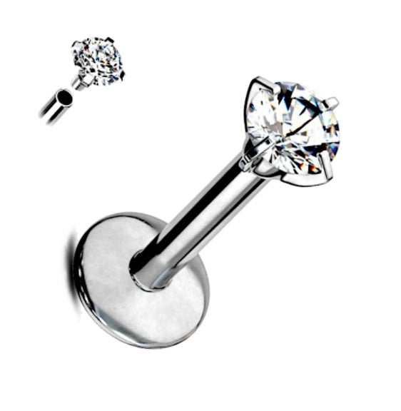 Titanium Labret Stud with Crystal Cubic Zircon End and Internally Threaded