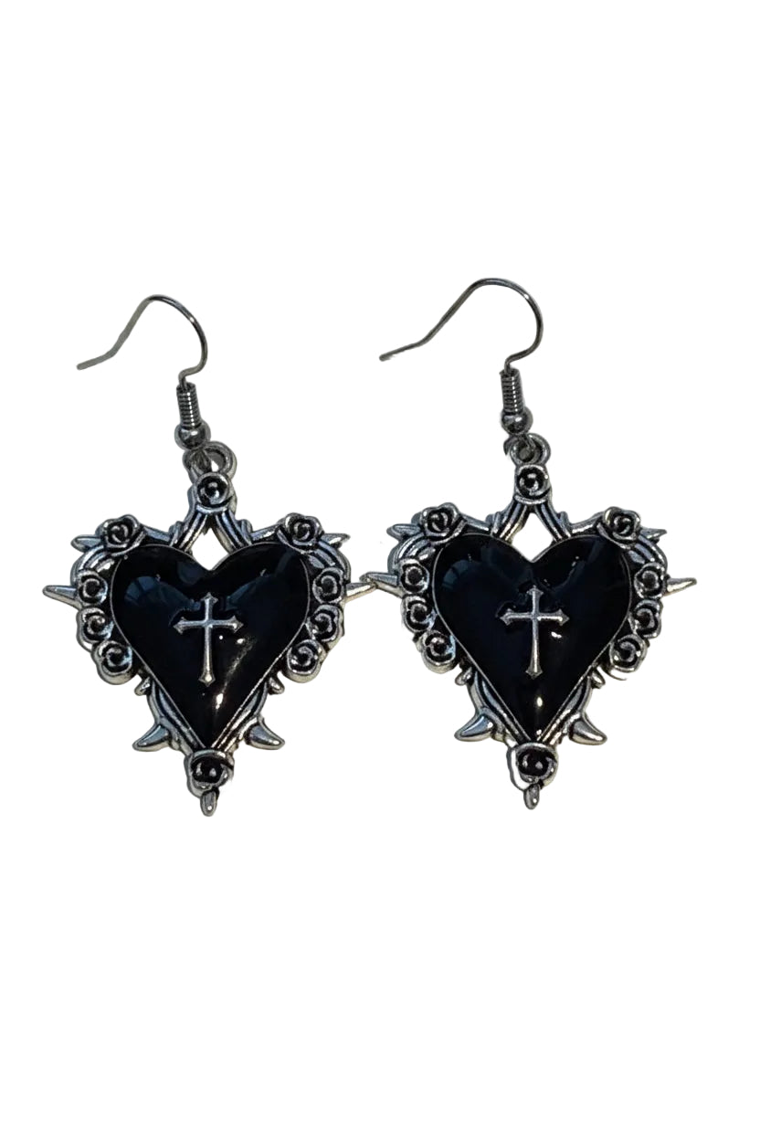 Gothic Heart and Cross Drop Earrings