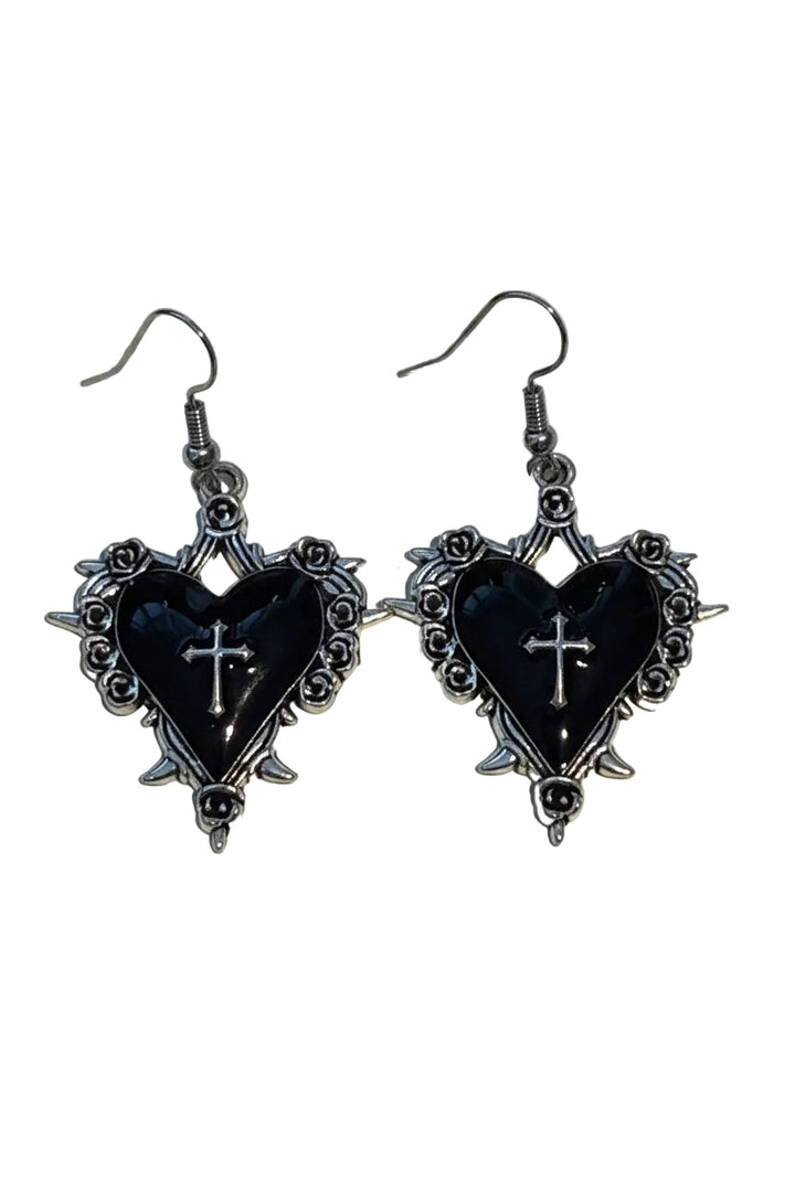 Gothic Heart and Cross Drop Earrings