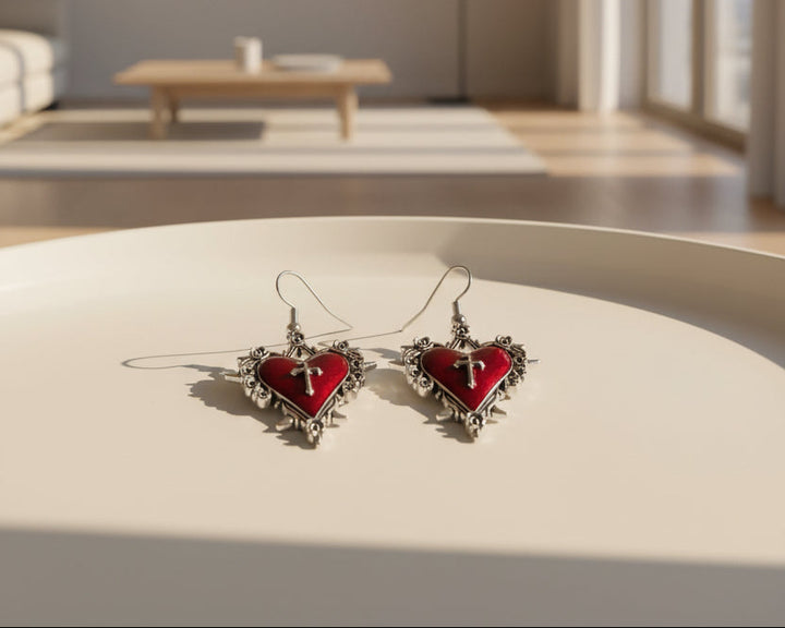 Gothic Heart and Cross Drop Earrings