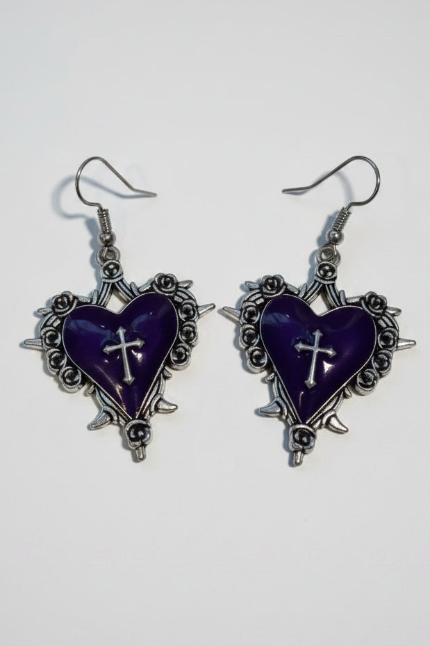 Gothic Heart and Cross Drop Earrings