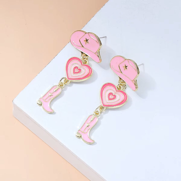 Cowgirl Boot Hat 'n' Heart Drop Earring Studs