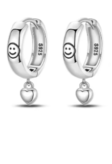 Sterling Silver Smiley Face Drop Heart Hoops.