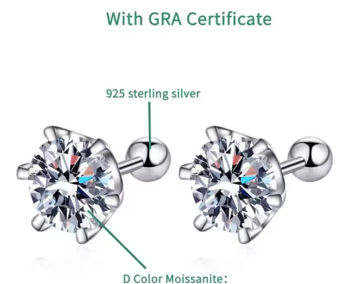 Ball Back Sterling Silver Moissanite 6.5 Ct. D Colour Ear Studs