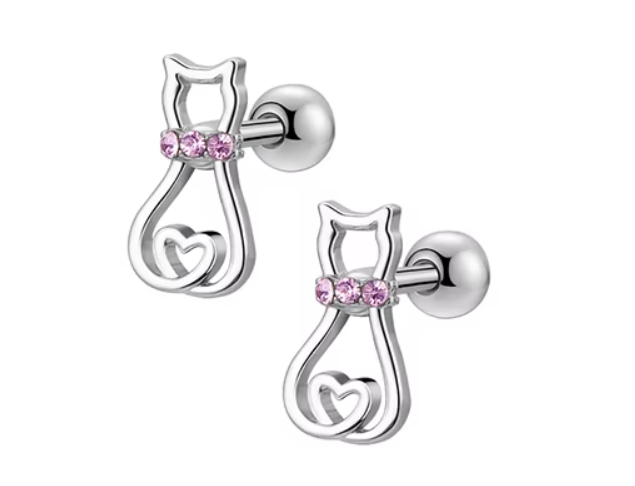 Dainty Stainless Steel CZ Cat Hypoallergenic Screw back Earrings