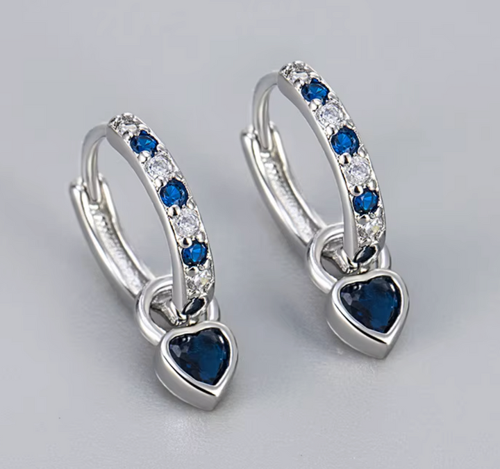 Petit Heart Drop Blue CZ Hoop Earrings