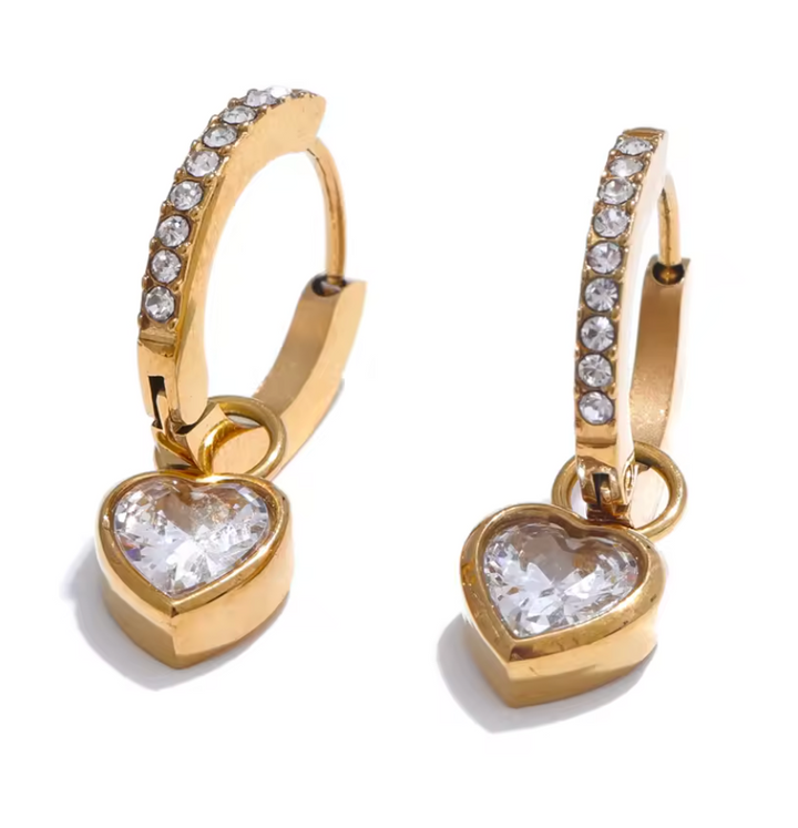 Stainless Steel CZ Heart Drop Hoop Earrings