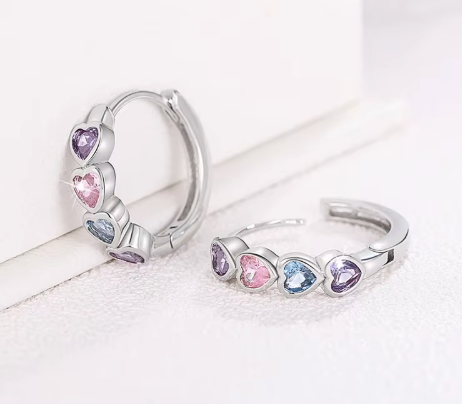 Four heart Paster Cz Clicker Hoop Earrings