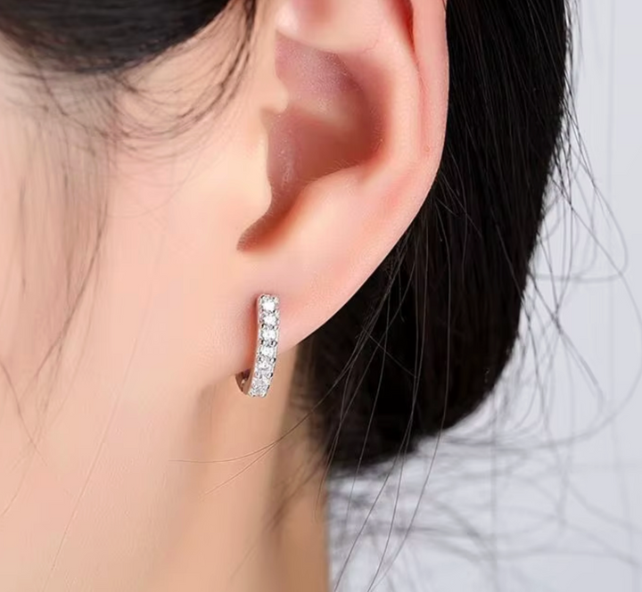 Sterling Silver  CZ Zahiti Black Stoned Hoop Earrings