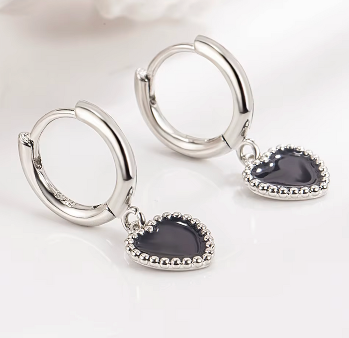 Sterling Silver Black Heart Drop Clicker Earrings.