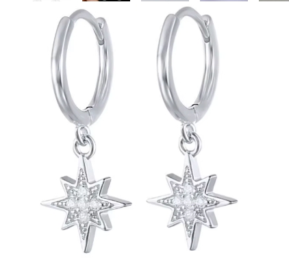 Sterling Silver Sparkling  Star CZ Drop Clicker Earrings