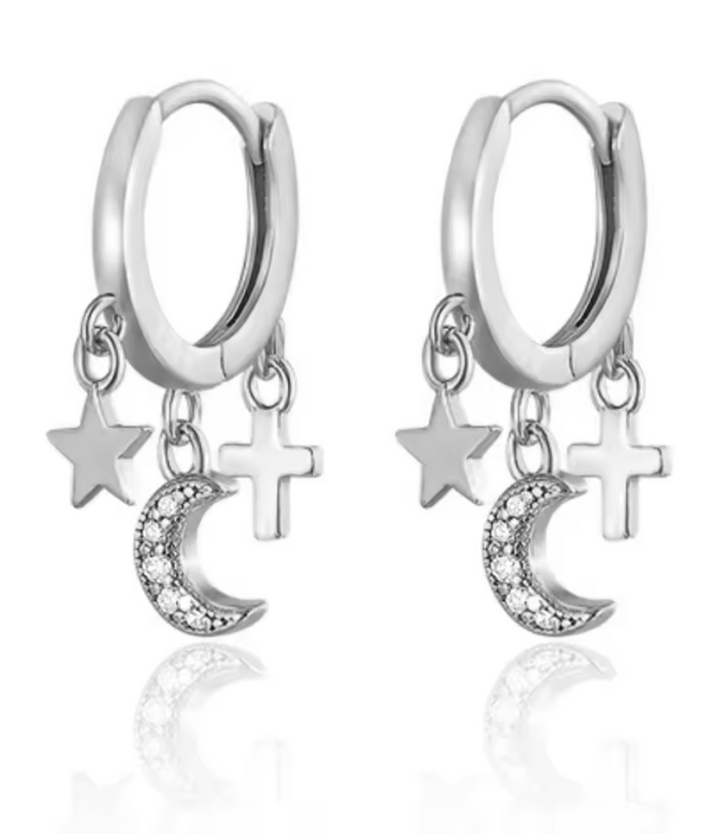 Moon Star and Cross CZ Drop Clicker Hoop Earrings