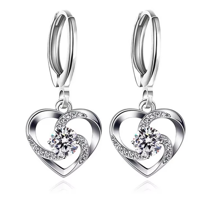 Sterling Silver Heart Swirl CZ Drop Hoop Earrings