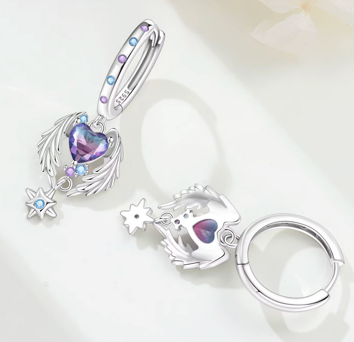Sterling Silver Ascending Heart and Star Clicker Hoop Earrings