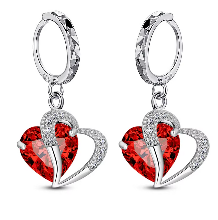 Sterling Silver CZ Heart Drop Hoop Clicker Earrings