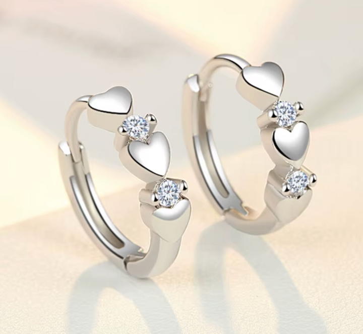 Sterling Silver Double Heart CZ Clicker Hoop Earrings