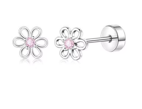 Petite Stainless Steel Screw Back  Pink CZ Flower Stud