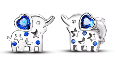 Silver Plated Cute Petite Elephant Blue Heart CZ Ear Studs