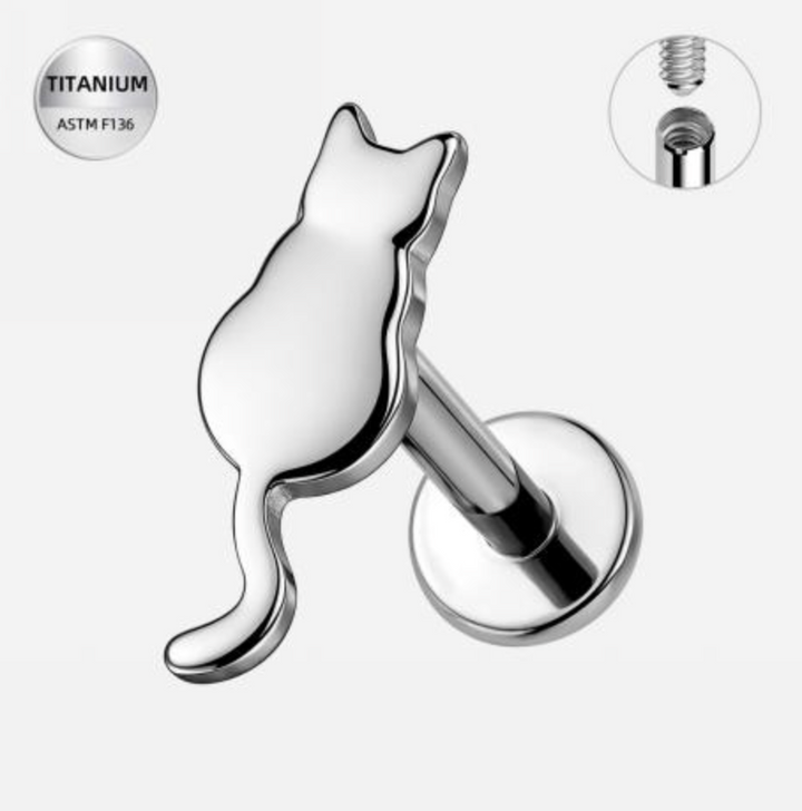 Titanium Cat Silhouette Flat Backed Ear Stud