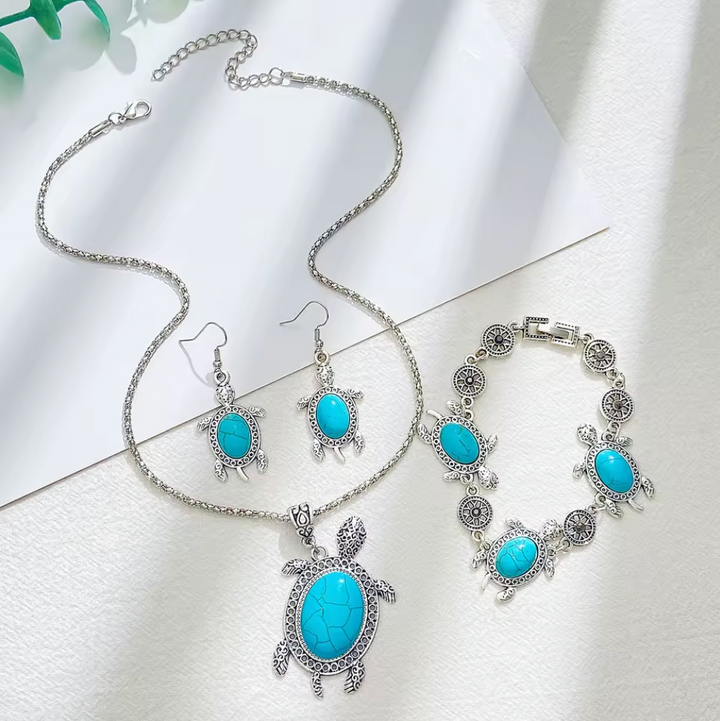 Turquoise Colour Silver Necklace , Bracelet Drop Earrings Turtle Set