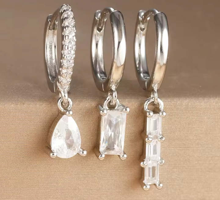 Stainless Steel 3 Piece Square Cut Drop Earring Clicker Set