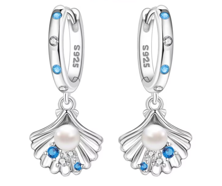 Sterling Silver Shimmering Shell Pearl CZ Clicker Drop Hoops