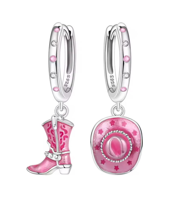 Sterling Silver Boot 'n' Hat Western Pink Earrings.