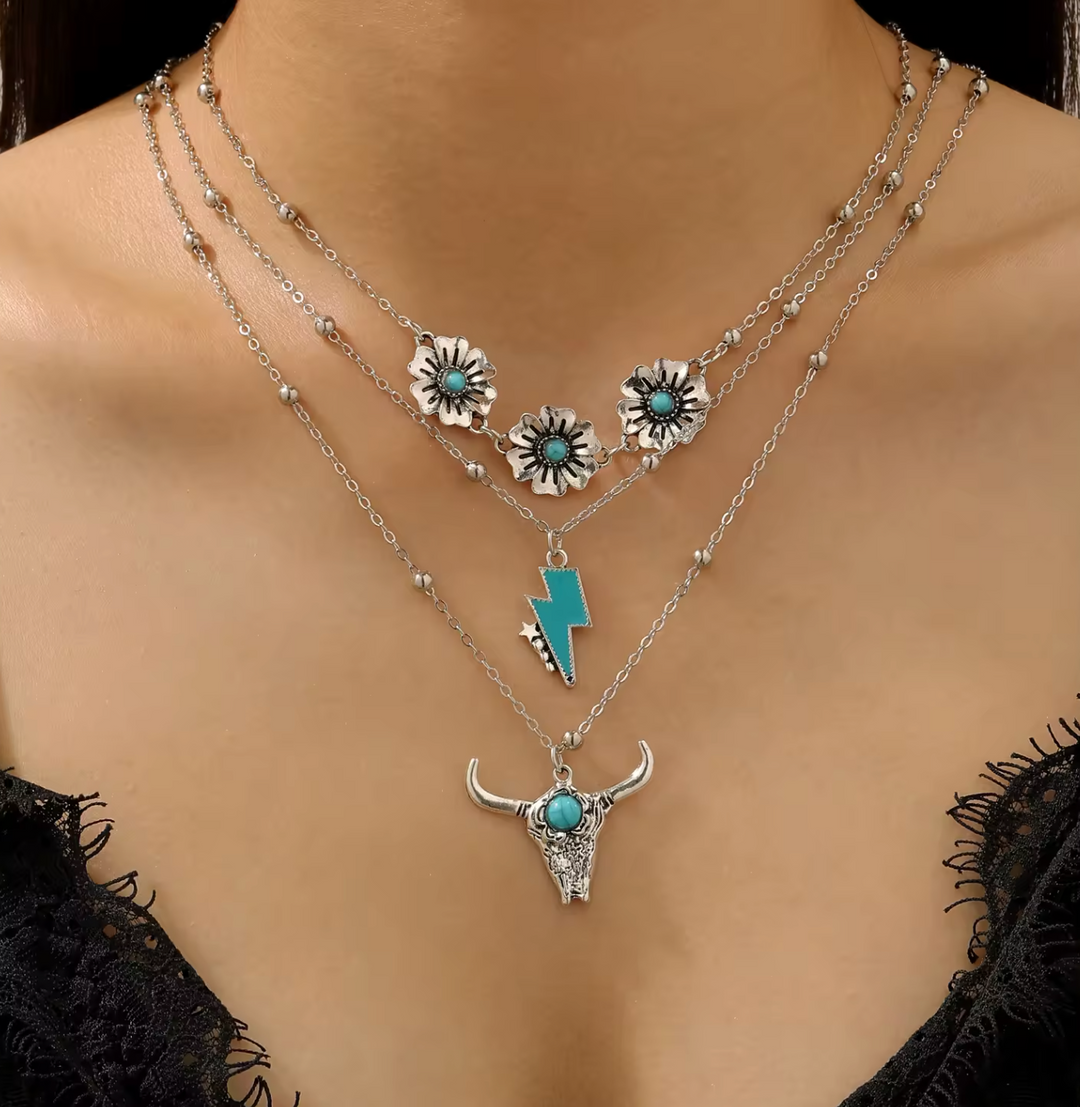 Retro Western-style Cowgirl Turquoise Alloy Pendant 3-Piece Set Horseshoe Boot Bull Head Hat Cactus Flower Layered Necklaces
