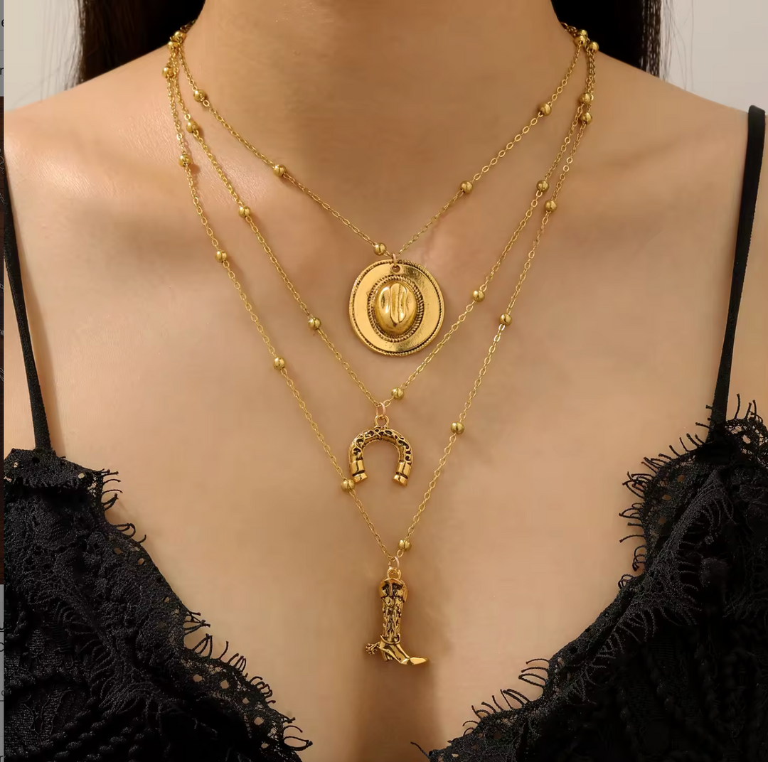 Retro Western-style Cowgirl Turquoise Alloy Pendant 3-Piece Set Horseshoe Boot Bull Head Hat Cactus Flower Layered Necklaces