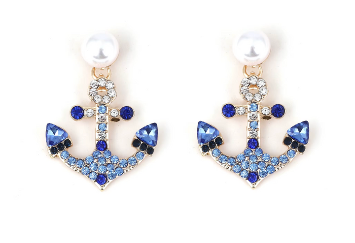 Faux Pearl Blue Anchor Drop Earrings