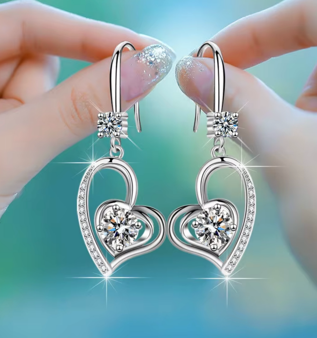 Sterling Silver Double Heart CZ Drop Earrings