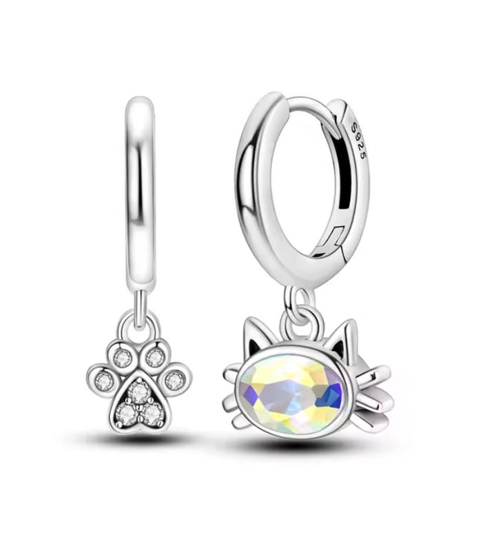 Sterling Silver Cat and Paw Drop Earrings