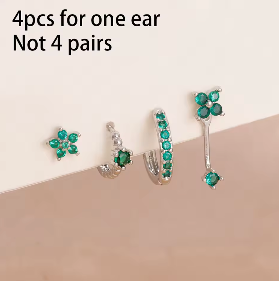 4pcs 14K Gold Plated Dainty Inlay little Zircon Flower Hoop Earring Stainless Steel Stud Earrings Set