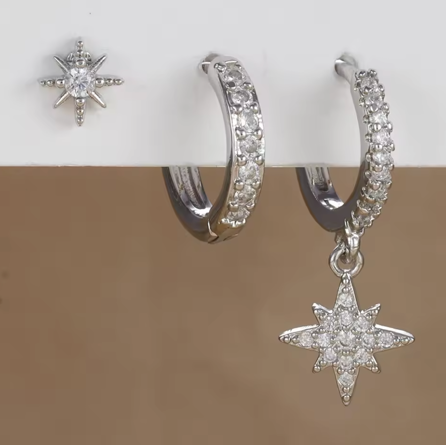 3 Piece Fashion Stainless Steel Round Star Drop Earrings Set