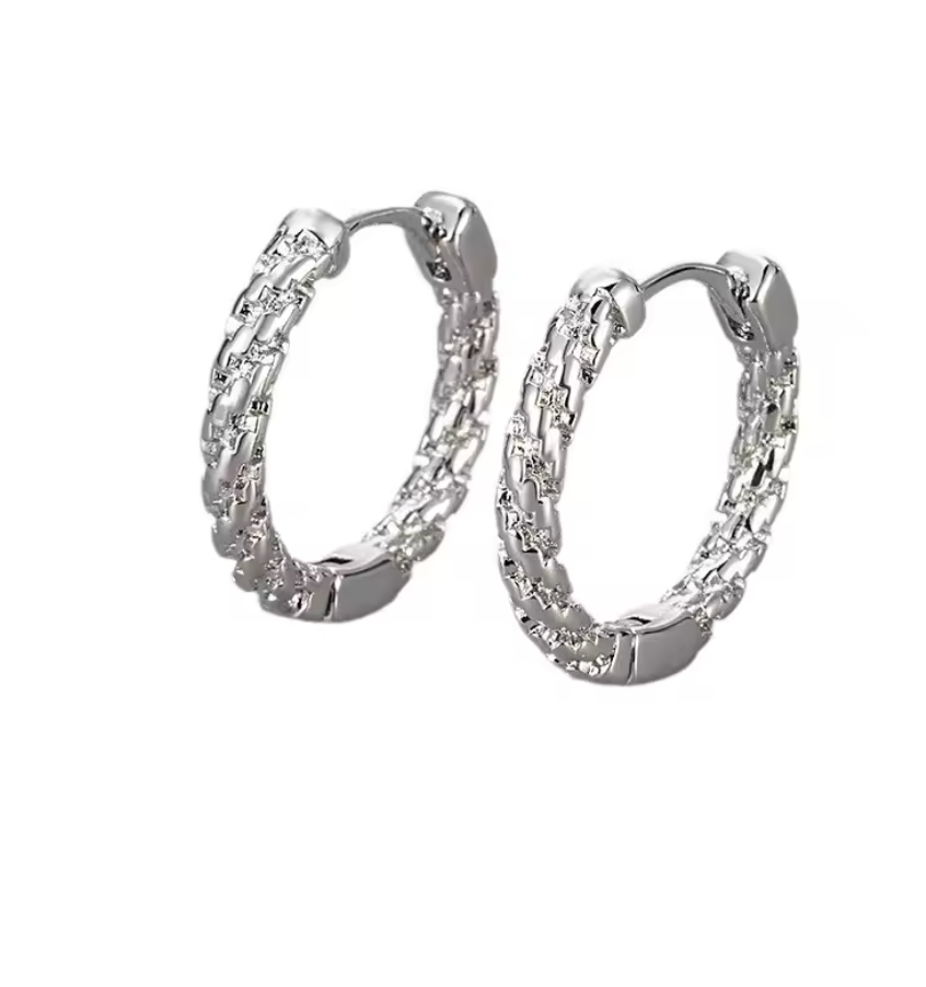 Silver Colour Minimalist Geometric Texture Hoop Earrings