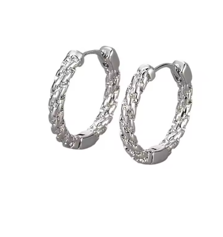 Silver Colour Minimalist Geometric Texture Hoop Earrings