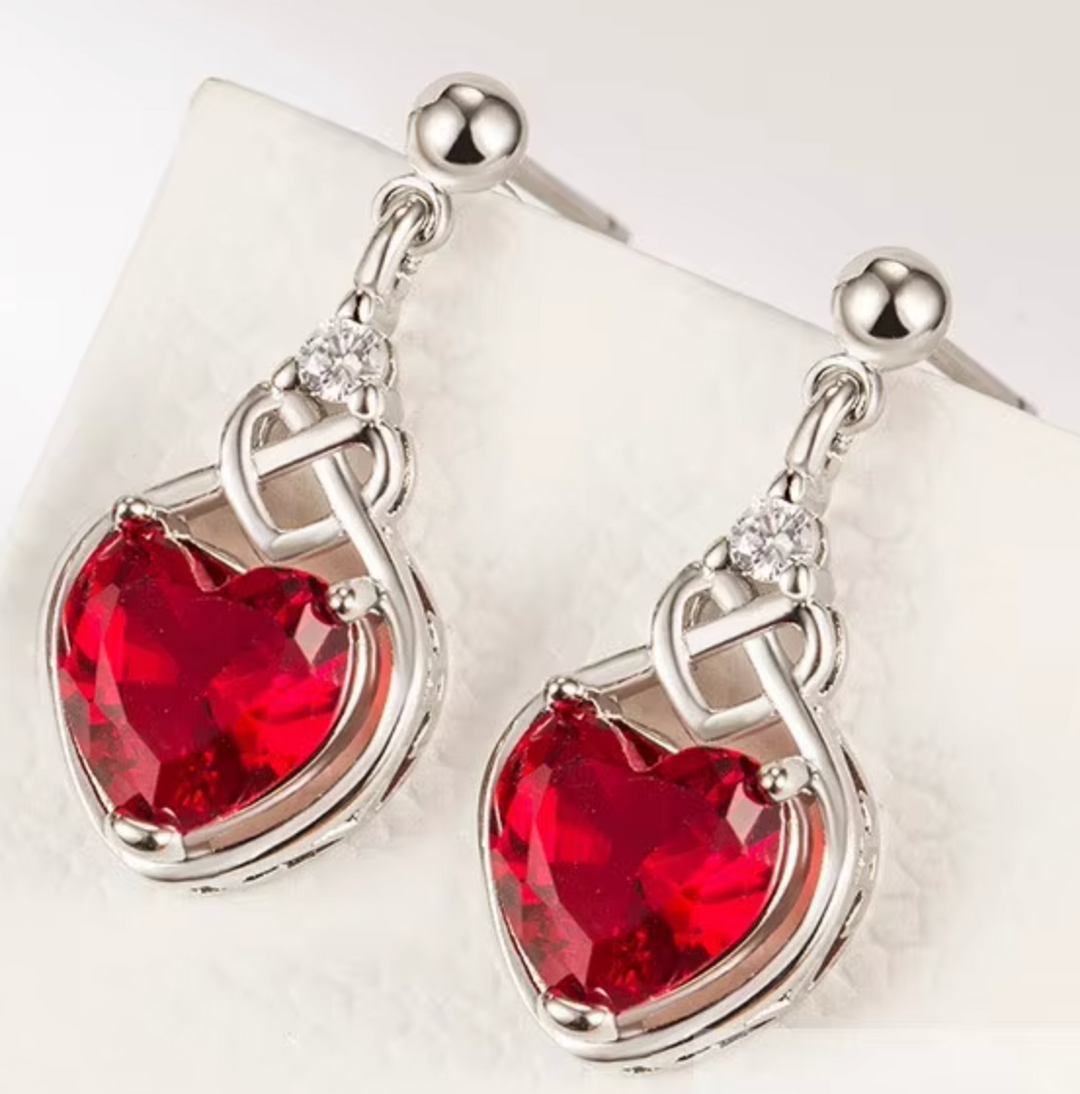 Sterling Silver Luxury Red Heart Shape Zircon Pendant Earrings