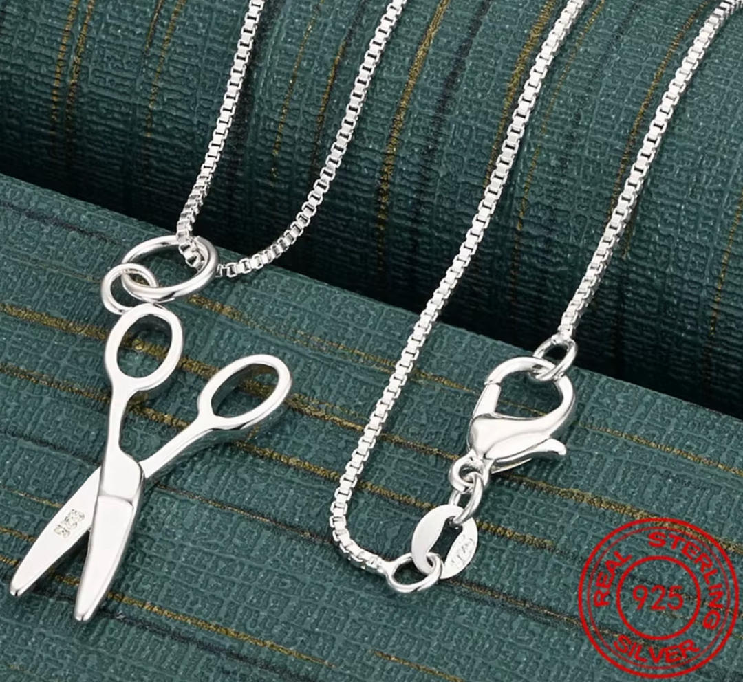Sterling Silver Snipper Scissor Box Chain Necklace.