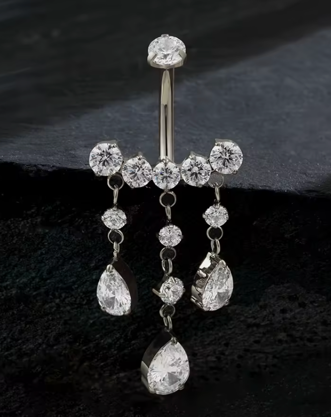 Titanium Teardrop CZ Dangle Belly Bar