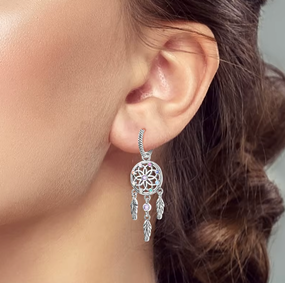 925 Sterling Silver Dream  Catcher Feather Sparkle Hoop Earrings