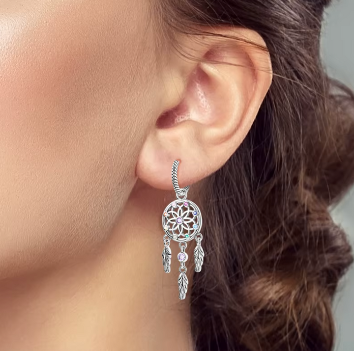 925 Sterling Silver Dream  Catcher Feather Sparkle Hoop Earrings