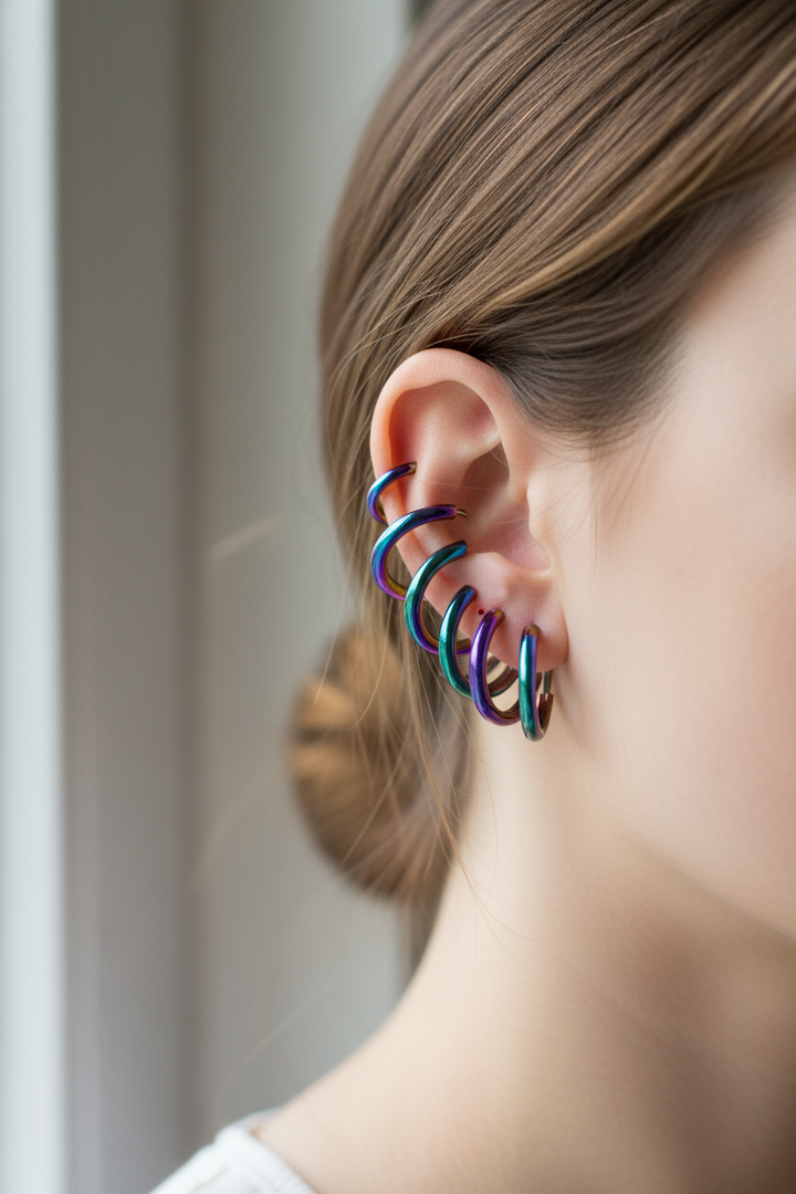 7 Pairs of Clicker Stainless Steel Rainbow Hoop Stacking Earrings Set.