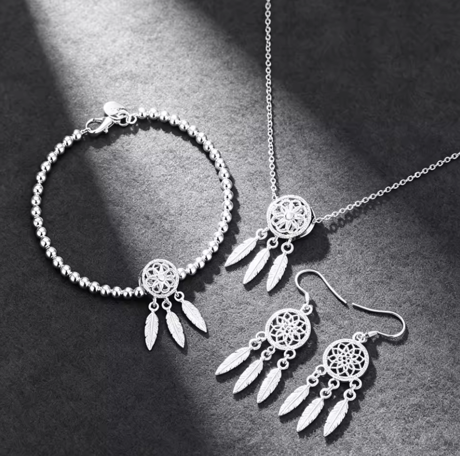 Sterling Silver Beautiful Dream catcher Necklace Earrings Bracelet Set