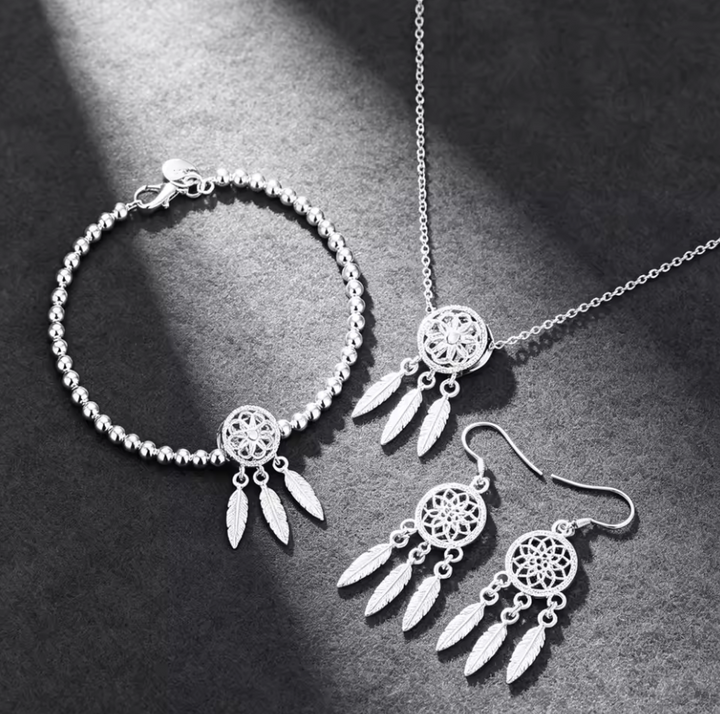 Sterling Silver Beautiful Dream catcher Necklace Earrings Bracelet Set